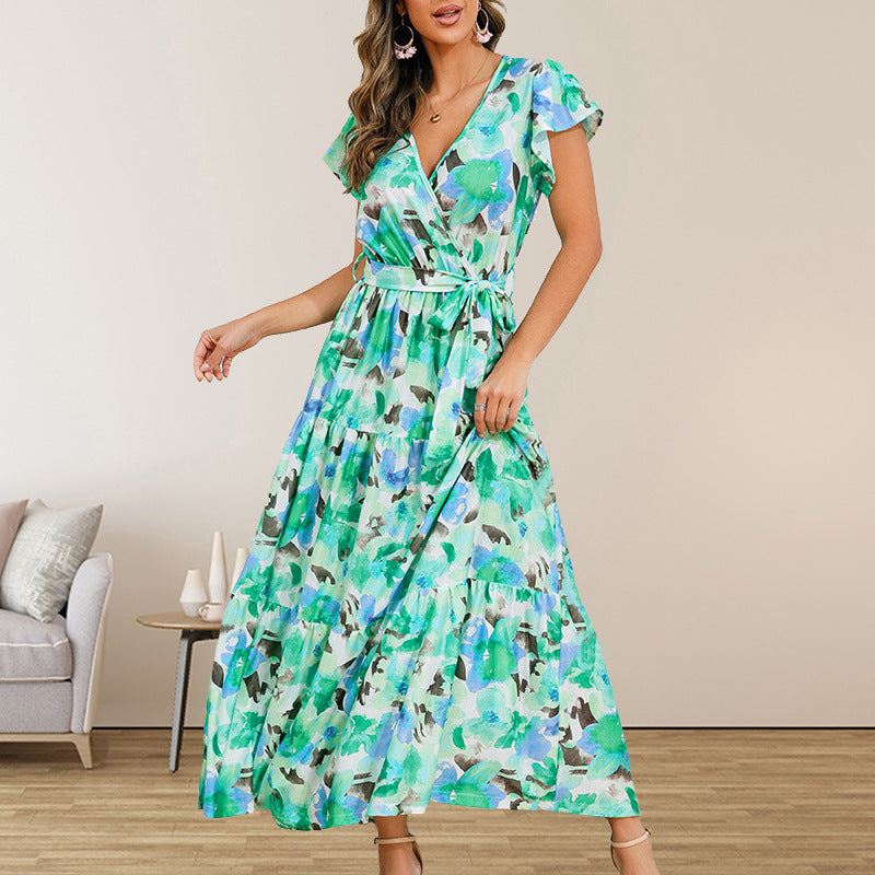 Fashion V-neck Ruffle Bohemian Printing Dress