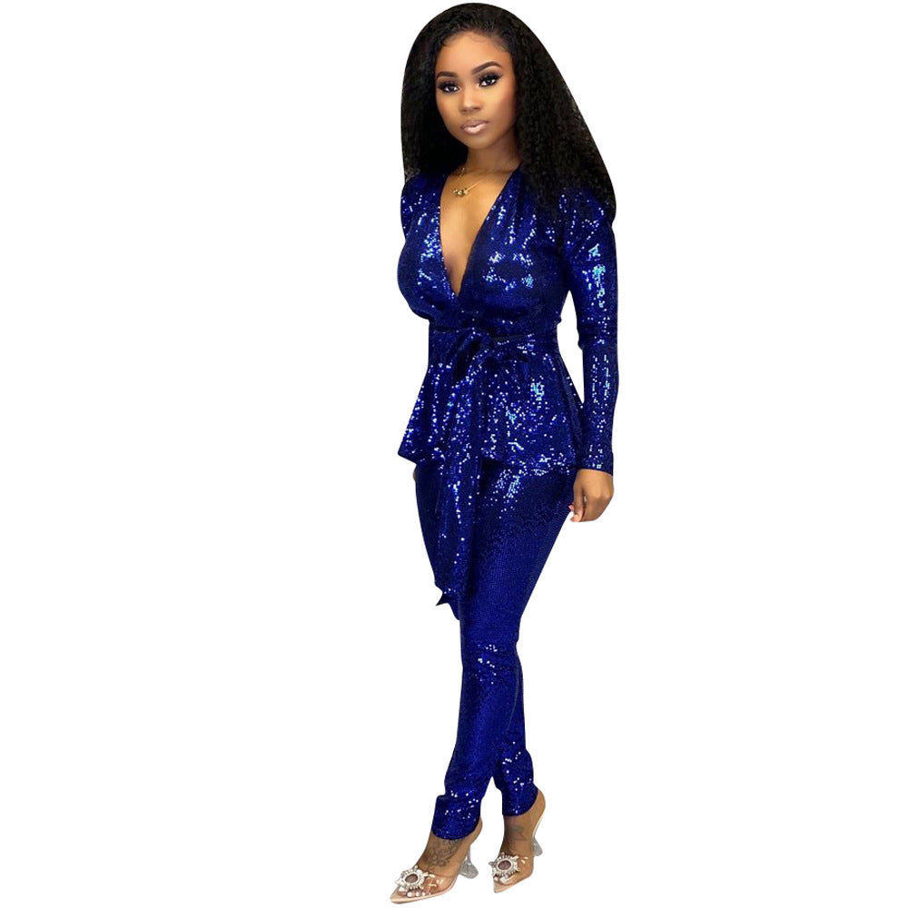 Women's Slim-fit Fashion Bronzing Long-sleeved Two-piece Suit