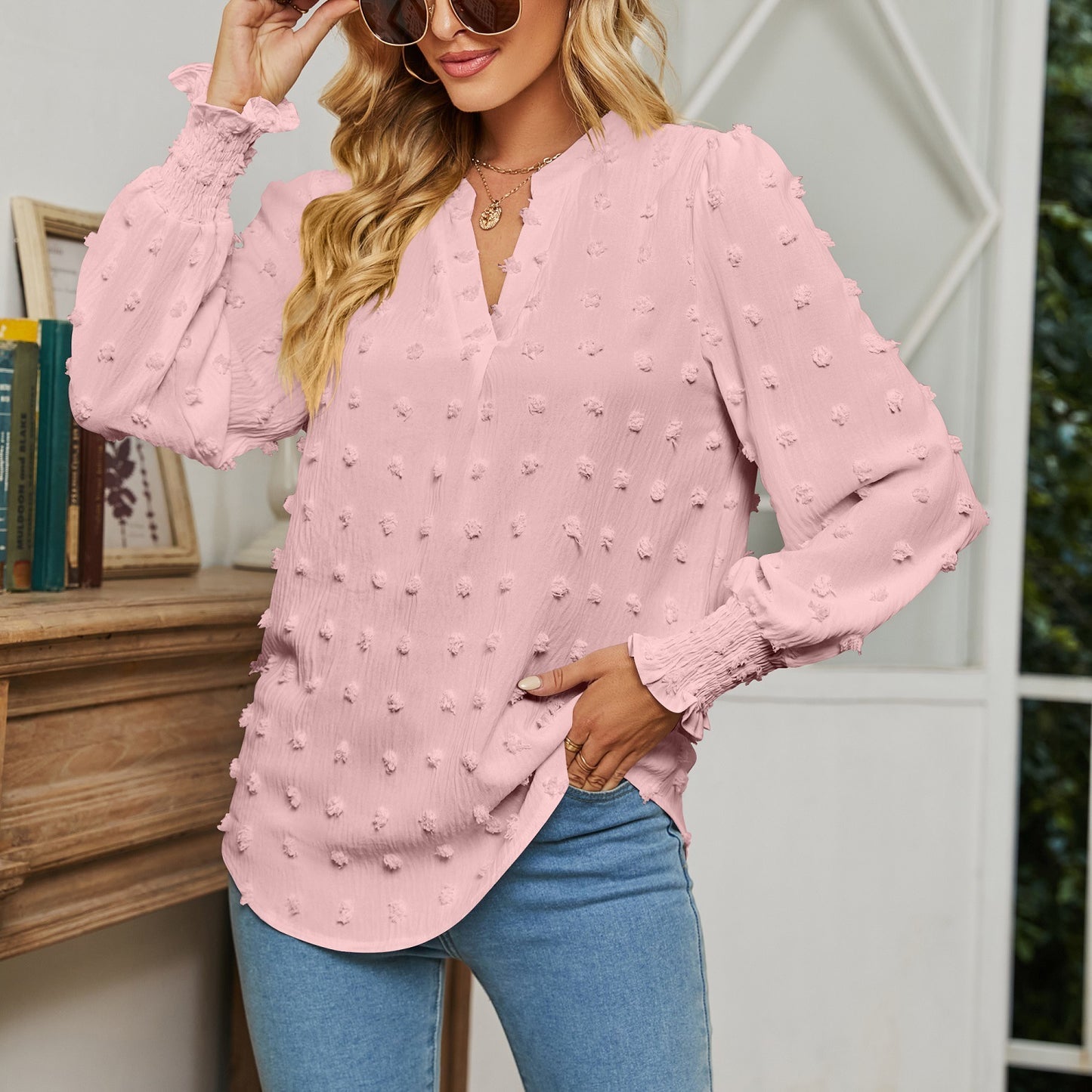 Dot Long-sleeved Bubble Sleeve V-neck Shirt Top