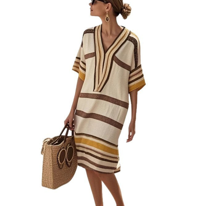 European And American Digital Printing Striped V-neck Dress