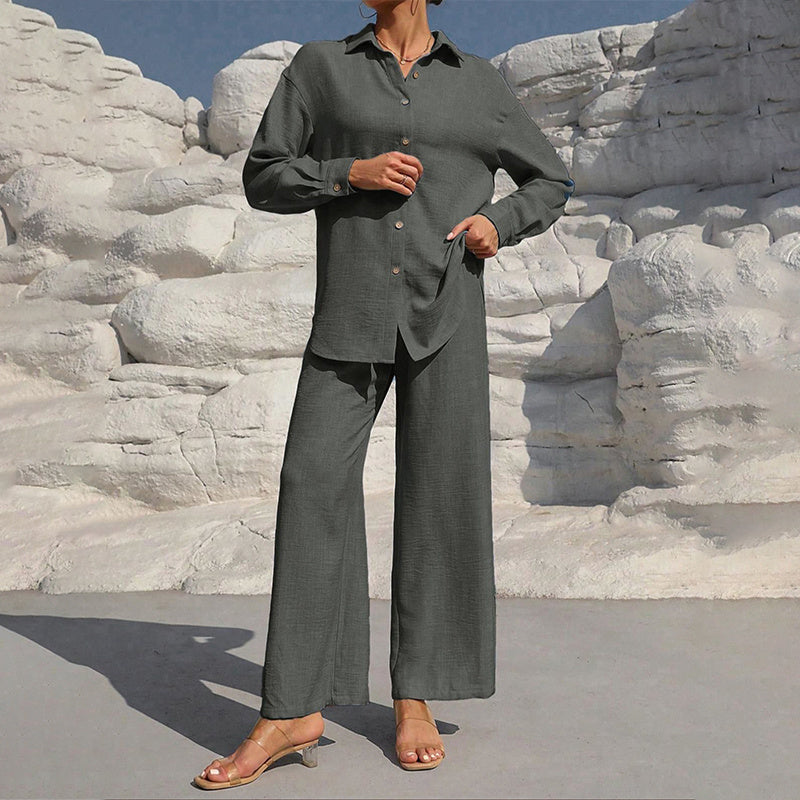 Women's Solid Color Lapel Long Sleeve Pants Set - Button-Up Casual Two-Piece Outfit With Drawstring Waist, Spring&Fall Lounge Wear