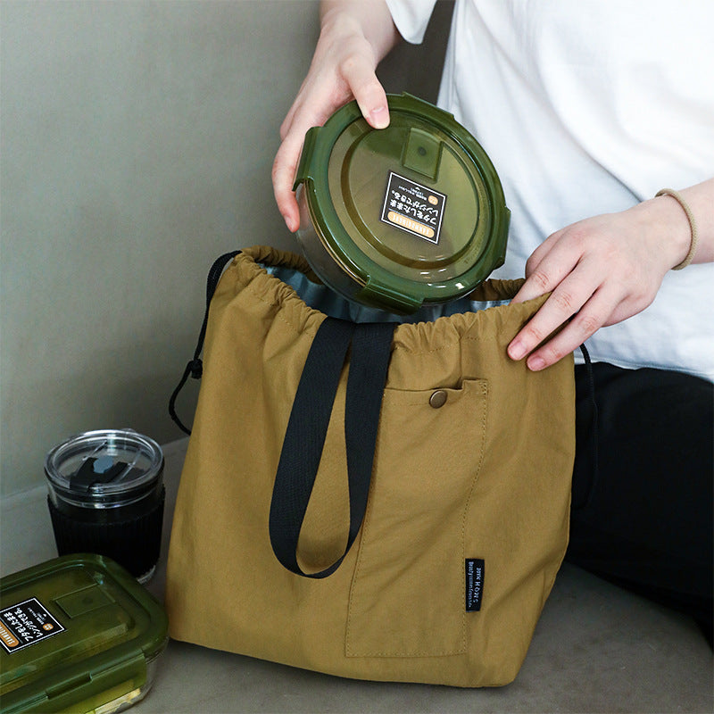 Waterproof Korean Style Large Solid Color Portable Drawstring Double-layer Lunch Bag For Students