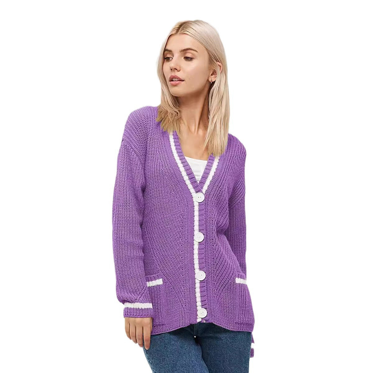 Women's All-match V-neck Pocket Color Matching Knitted Long Sleeve Sweater Coat