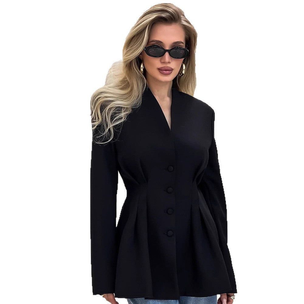 Women's Abdomen-control Black Small Suit V-neck Suit Jacket