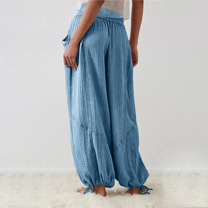 Women's Solid-color Wide-leg Pants With Elastic Drawstring Waist Elasticized Leg Cuffs Side Pockets For Spring&Fall Fashionable Simple Wear