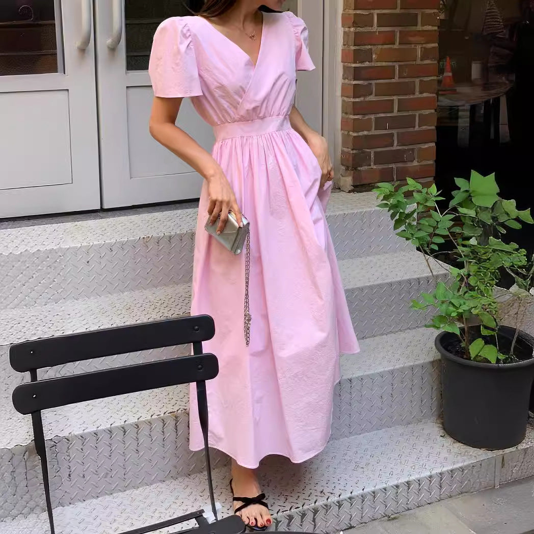 Sweet Sneaky Design Backless Lace-up Puff Sleeve Long Dress Women