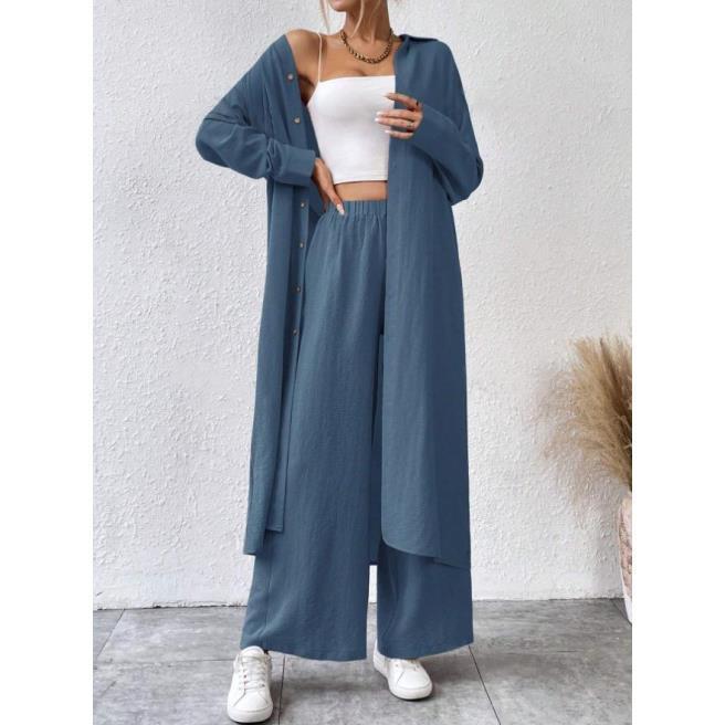 Plus Size Loose Long Shirt Wide Leg Pants Two-piece Set