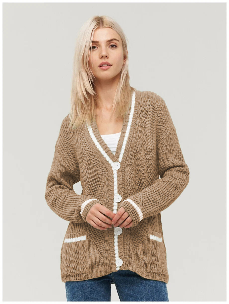 Women's All-match V-neck Pocket Color Matching Knitted Long Sleeve Sweater Coat
