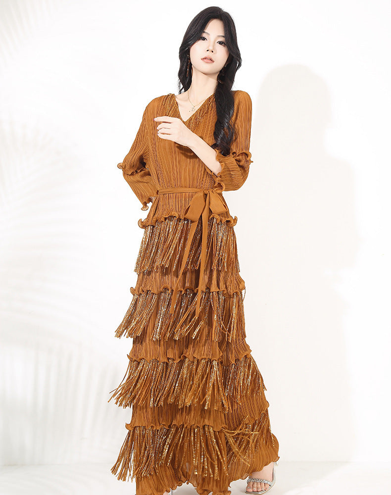 Slim-fit Slimming V-neckline Bronzing Tassel Dress