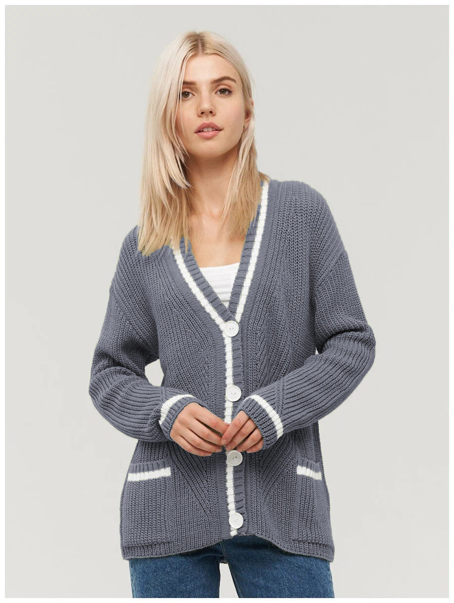 Women's All-match V-neck Pocket Color Matching Knitted Long Sleeve Sweater Coat