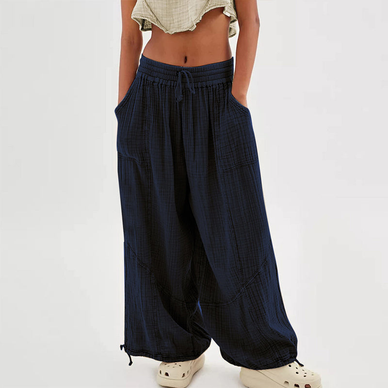 Women's Solid-color Wide-leg Pants With Elastic Drawstring Waist Elasticized Leg Cuffs Side Pockets For Spring&Fall Fashionable Simple Wear