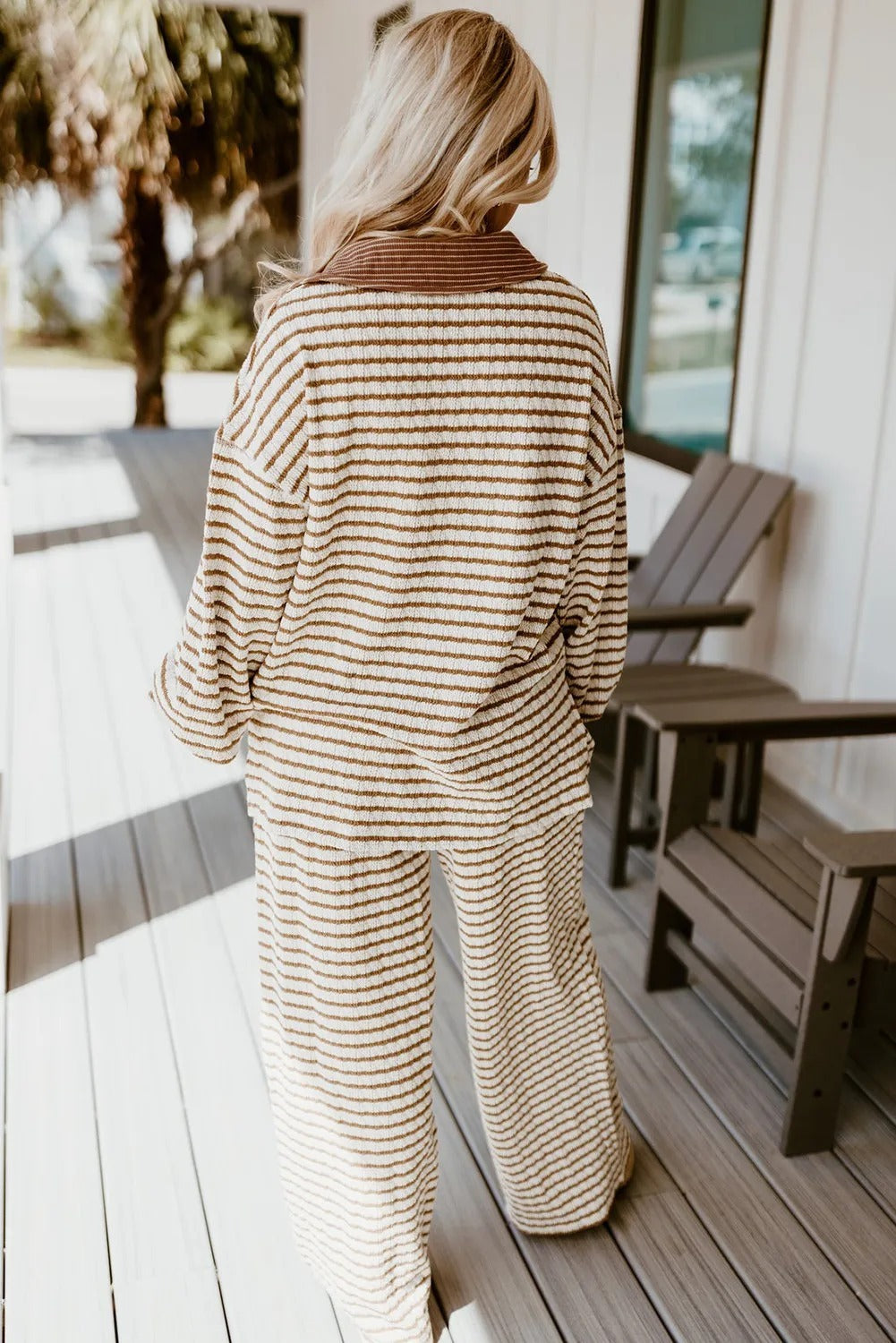 Khaki Stripe Collared Pullover Top And Drawstring Pant Set