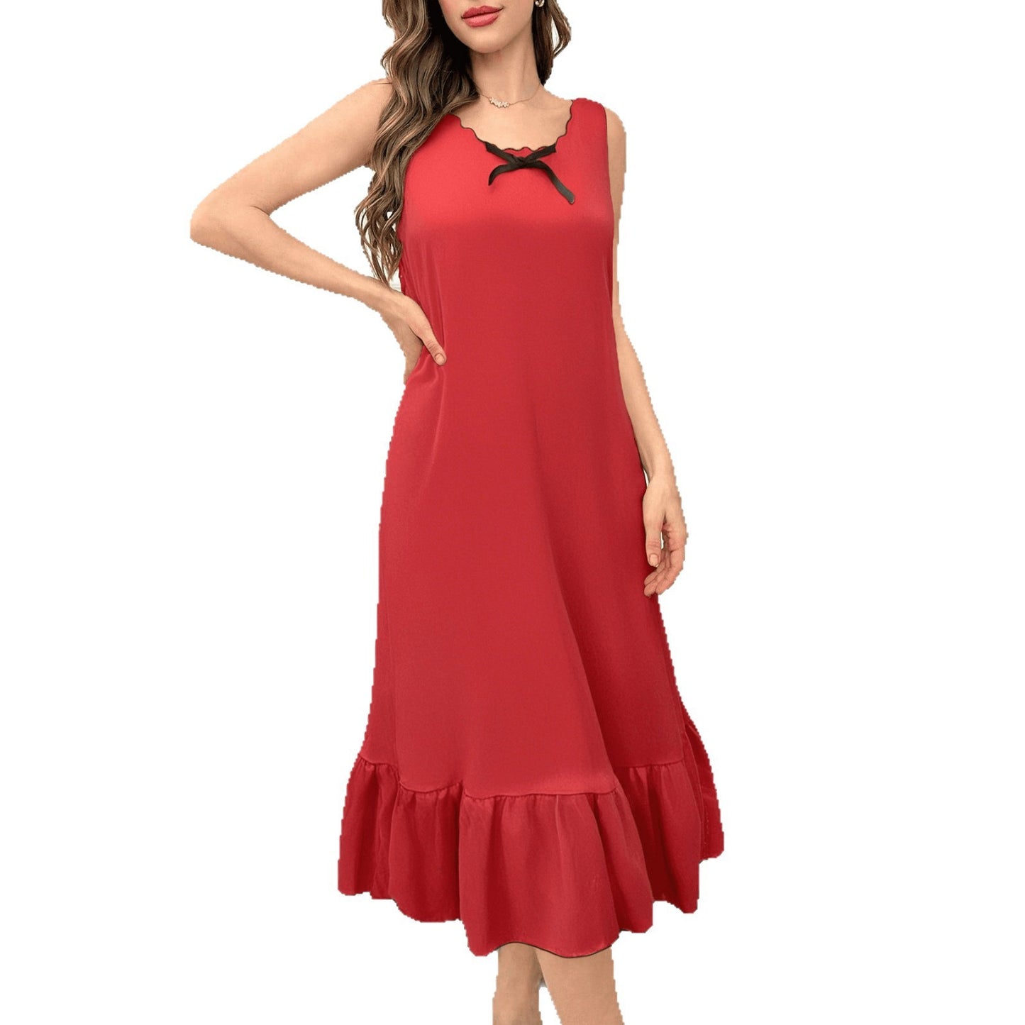 Women's Knitted Texture Bow Decoration Pleating Hem Wide Shoulder Strap Casual Nightdress