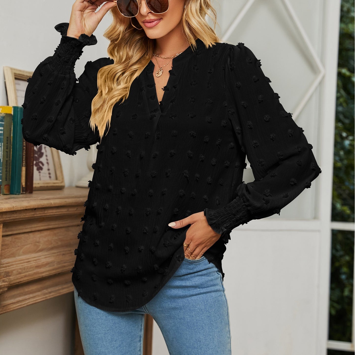 Dot Long-sleeved Bubble Sleeve V-neck Shirt Top
