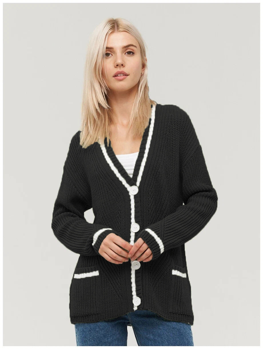Women's All-match V-neck Pocket Color Matching Knitted Long Sleeve Sweater Coat