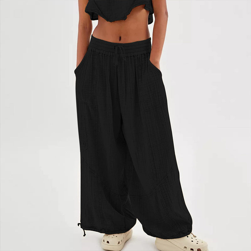 Women's Solid-color Wide-leg Pants With Elastic Drawstring Waist Elasticized Leg Cuffs Side Pockets For Spring&Fall Fashionable Simple Wear