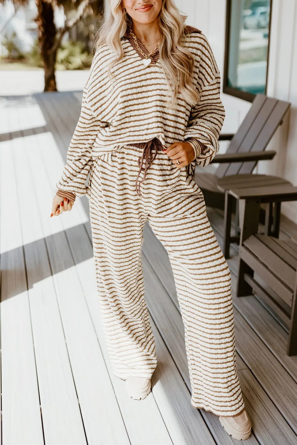 Khaki Stripe Collared Pullover Top And Drawstring Pant Set