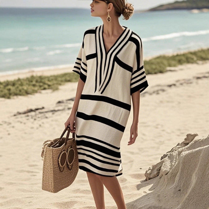 European And American Digital Printing Striped V-neck Dress
