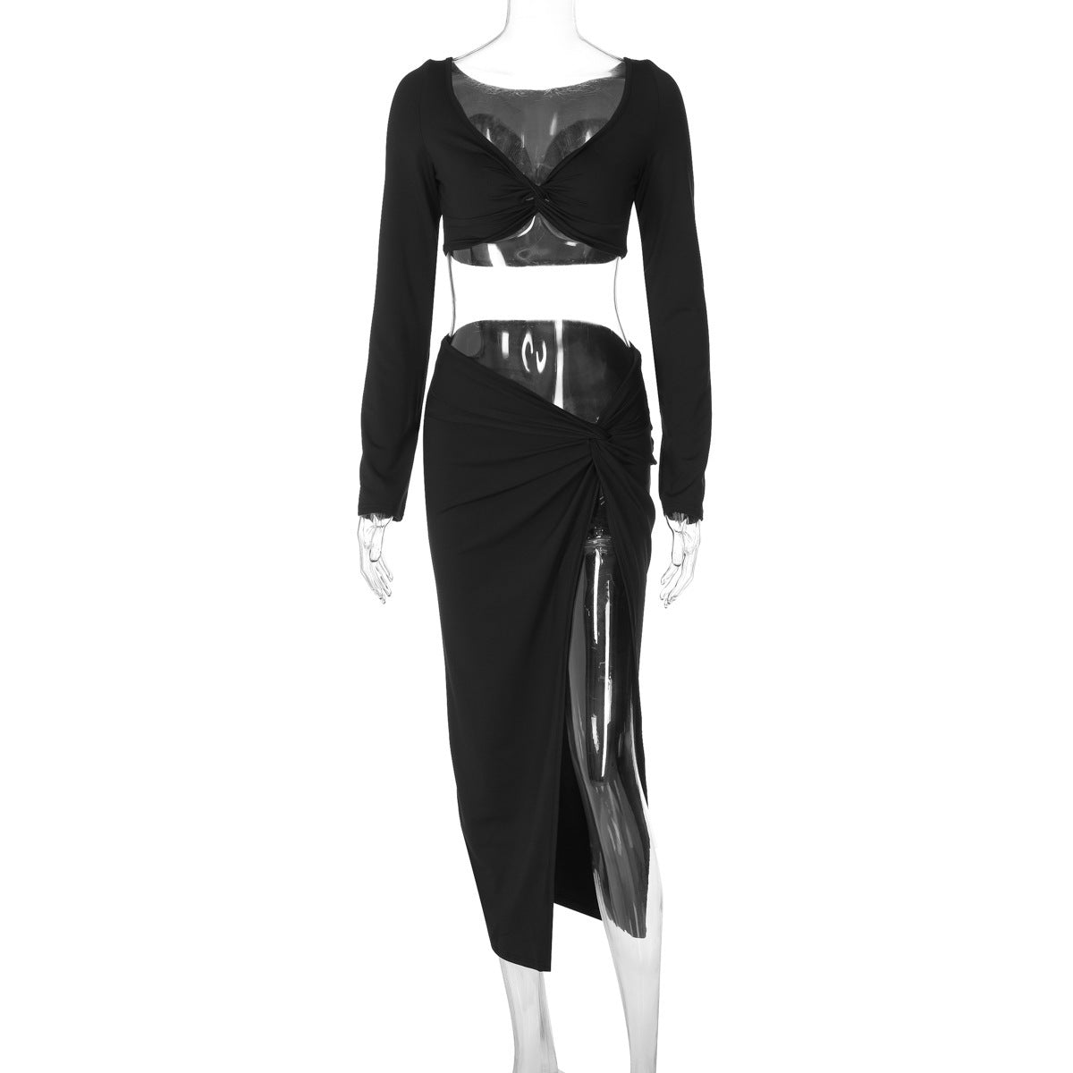Tight High Waist Slit Skirt Two-piece Set