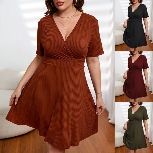 European And American Plus Size Women's Clothes New Deep V Waist Dress