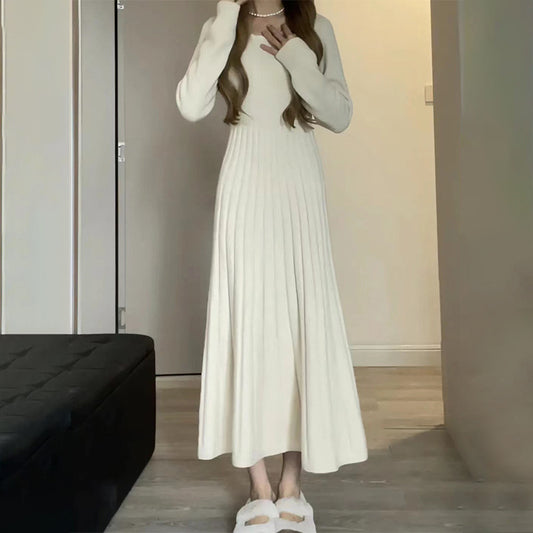 White Gentle French Knitted Sweater Base Dress