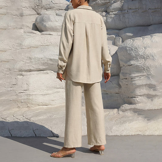 Women's Solid Color Lapel Long Sleeve Pants Set - Button-Up Casual Two-Piece Outfit With Drawstring Waist, Spring&Fall Lounge Wear
