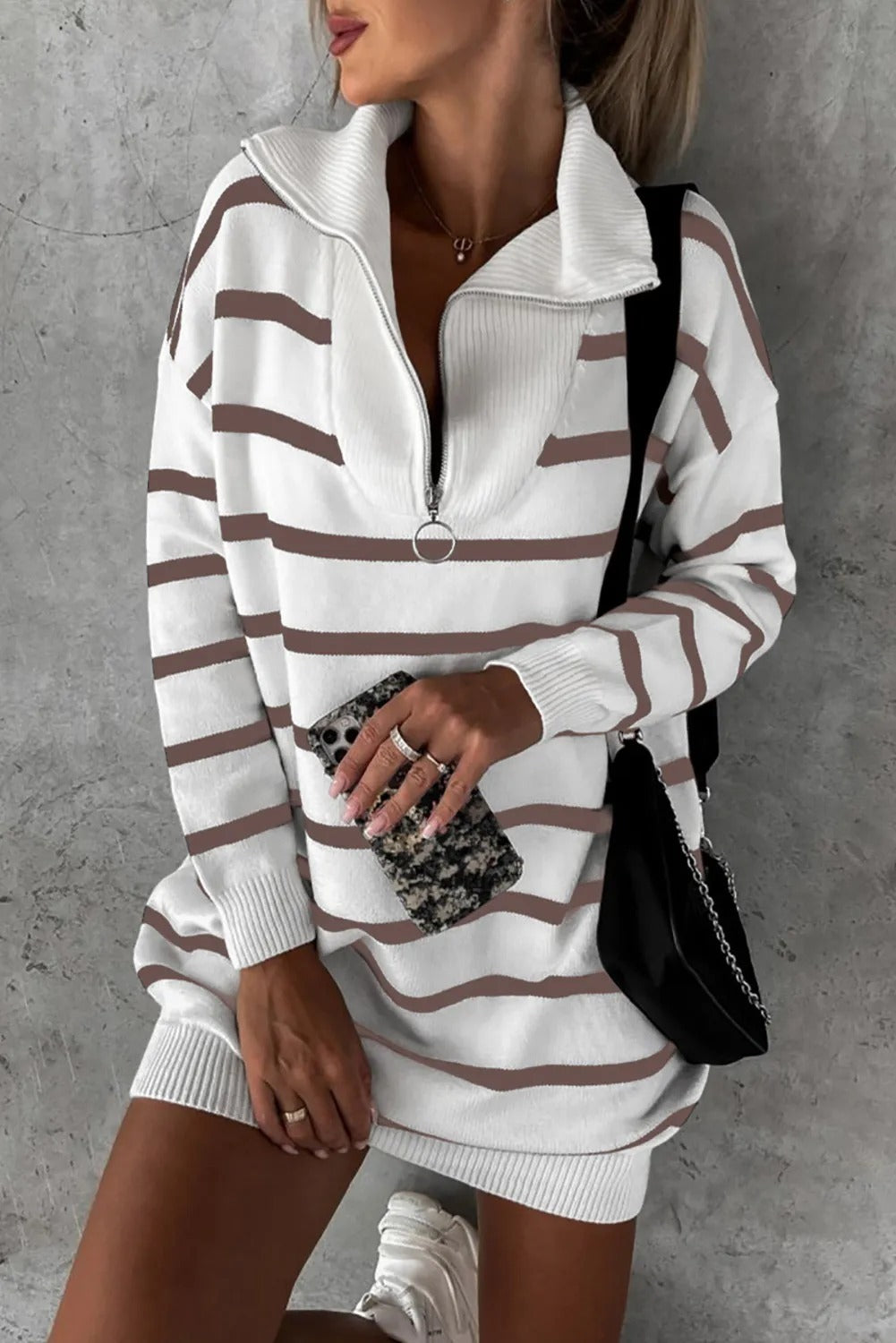 Brown Striped O-ring Zip Collared Loose Sweater Mini Dress