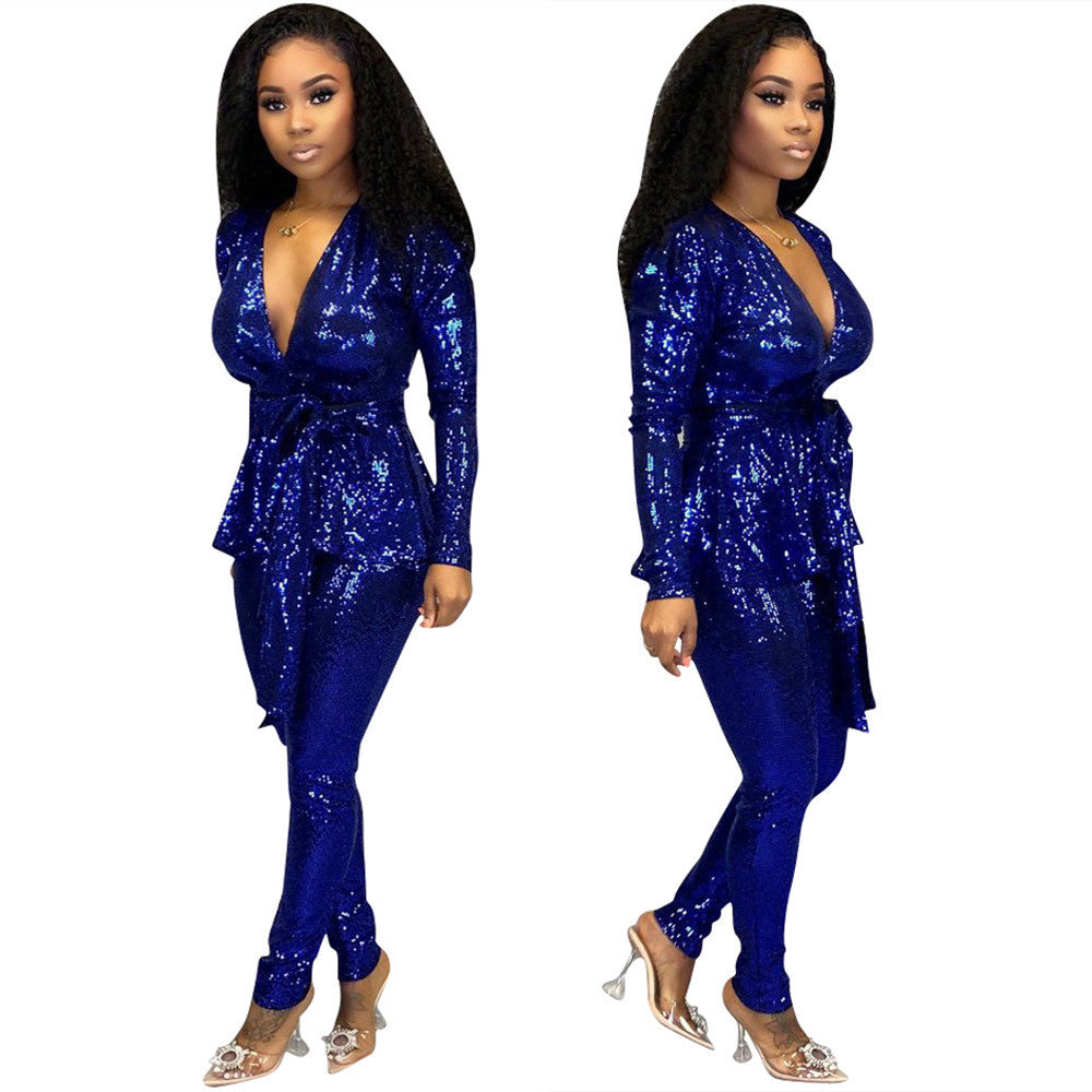 Women's Slim-fit Fashion Bronzing Long-sleeved Two-piece Suit