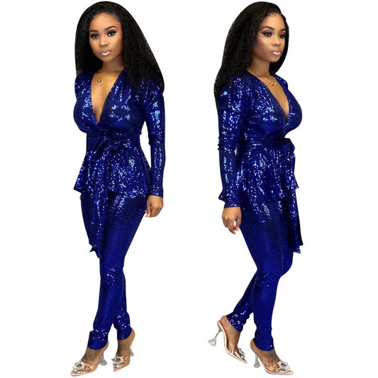 Women's Slim-fit Fashion Bronzing Long-sleeved Two-piece Suit
