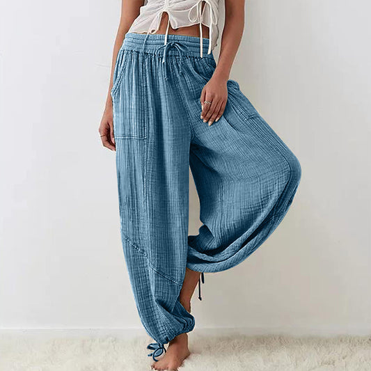Women's Solid-color Wide-leg Pants With Elastic Drawstring Waist Elasticized Leg Cuffs Side Pockets For Spring&Fall Fashionable Simple Wear