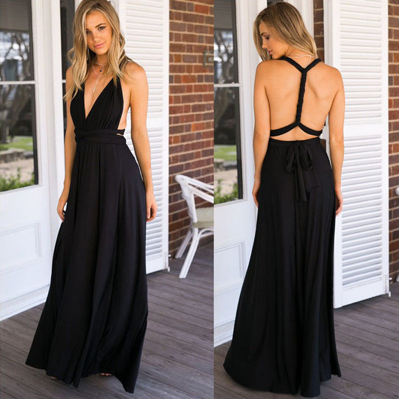 Women's Solid Color Multi-rope Cross Backless Bandage One-piece Dress