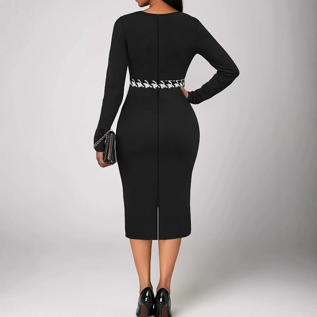 Multicolor Printing Cross Hem Neck Stripe Long Sleeve Plus Size Dress