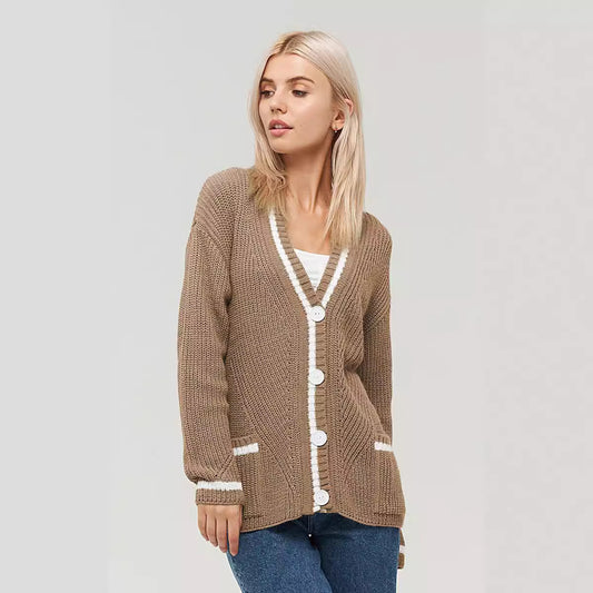 Women's All-match V-neck Pocket Color Matching Knitted Long Sleeve Sweater Coat