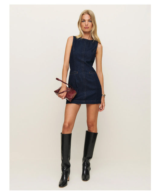 French Fashion Round Neck Slim Fit Denim Sleeveless Dress