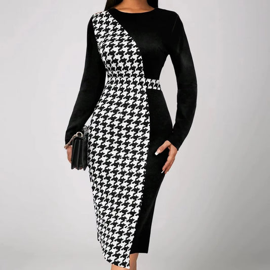 Multicolor Printing Cross Hem Neck Stripe Long Sleeve Plus Size Dress