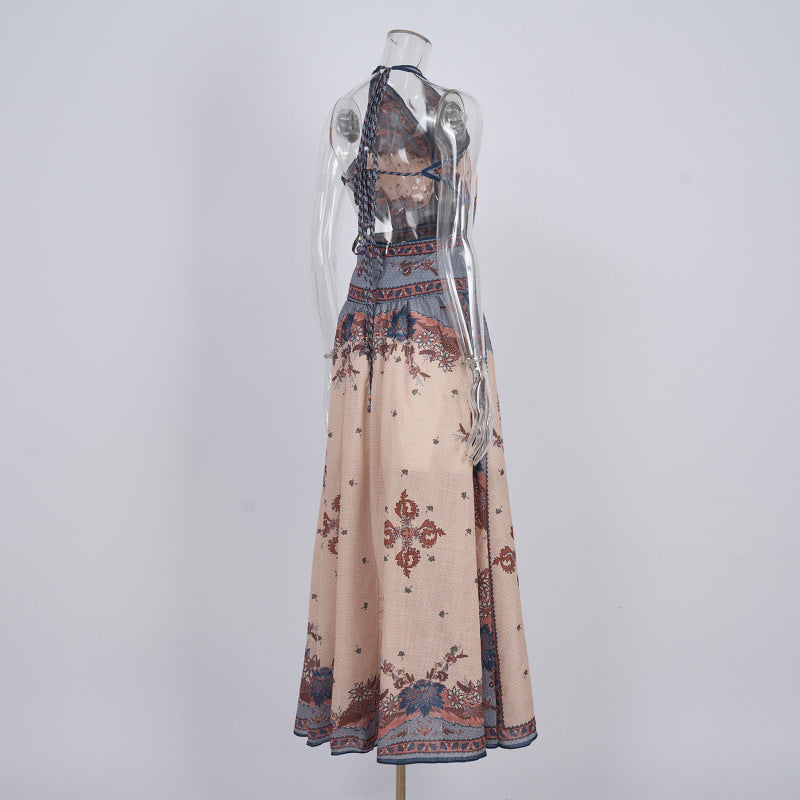 Niche Design Printed Old Money Style Halter Spaghetti Straps Dress