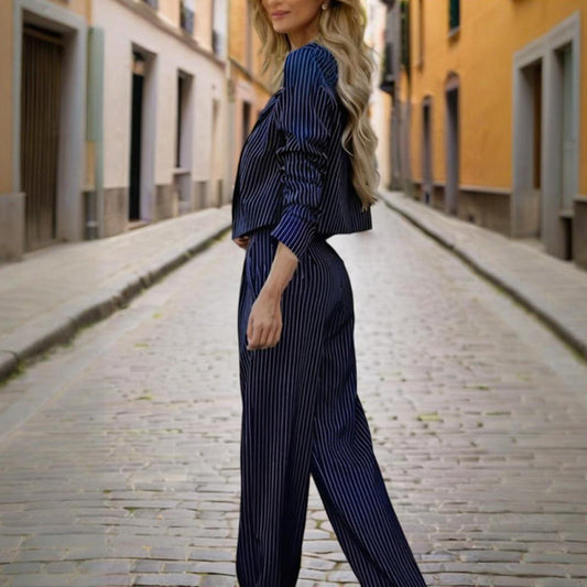 Women's Solid & Striped Long Sleeve Blazer Suit Set - Button-Up Cropped Top With Pleated Pants, Office Work Wear