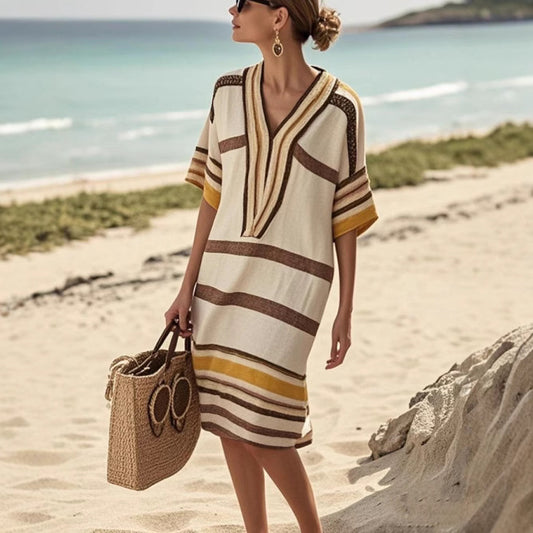European And American Digital Printing Striped V-neck Dress