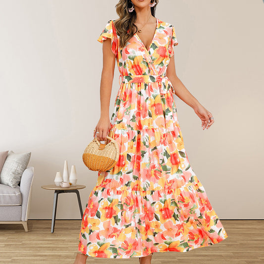 Fashion V-neck Ruffle Bohemian Printing Dress