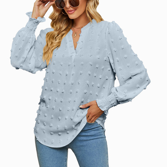 Dot Long-sleeved Bubble Sleeve V-neck Shirt Top