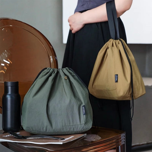Waterproof Korean Style Large Solid Color Portable Drawstring Double-layer Lunch Bag For Students