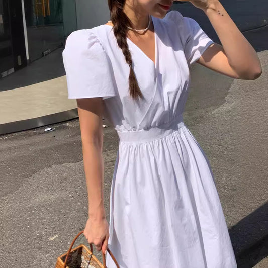 Sweet Sneaky Design Backless Lace-up Puff Sleeve Long Dress Women