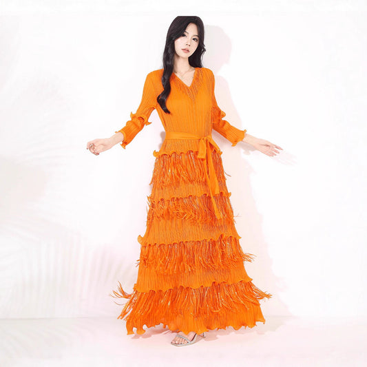 Slim-fit Slimming V-neckline Bronzing Tassel Dress