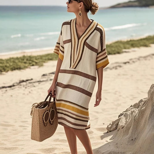 European And American Digital Printing Striped V-neck Dress