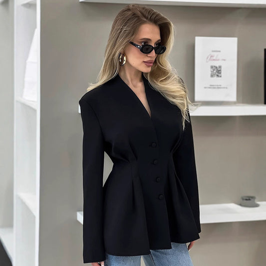 Women's Abdomen-control Black Small Suit V-neck Suit Jacket