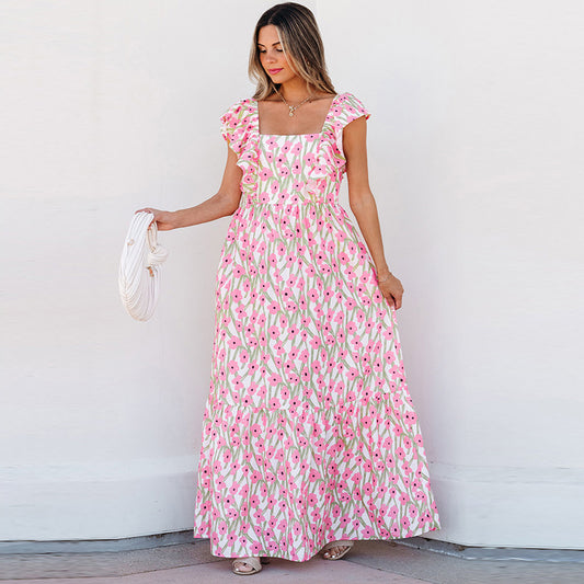 Women's Casual All-match Floral High Waist Square Collar Dress