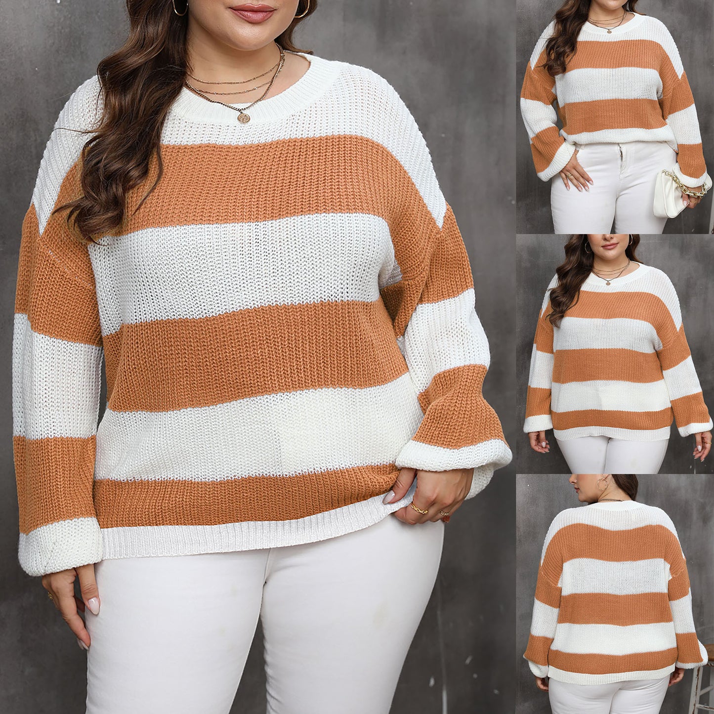 Plus Size Women's Clothing Style Contrast Color Striped Color Pullover Sweater