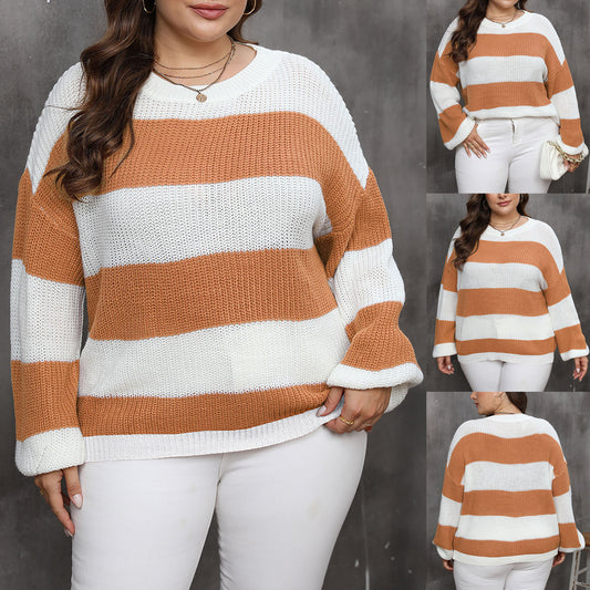 Plus Size Women's Clothing Style Contrast Color Striped Color Pullover Sweater