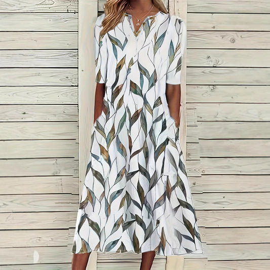 Four Seasons Leisure Printed Loose Fashion V-neck Printed Dress