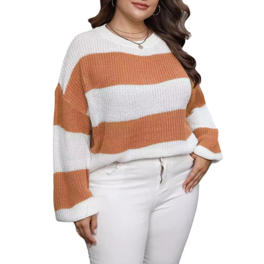 Plus Size Women's Clothing Style Contrast Color Striped Color Pullover Sweater